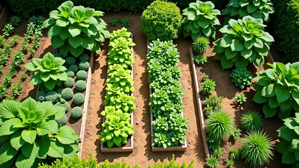 Bird's eye view of allotment plot with marked sections, pathways outlined in chalk, measurements written on paper nearby