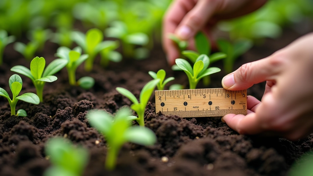 Close-up of seedling spacing in garden bed with measuring ruler showing distances, proper plant spacing technique