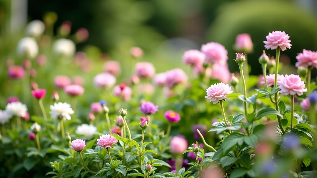 Lush cottage garden border with mixed perennials, climbing roses, and flowering shrubs in soft pink, purple, and white tones