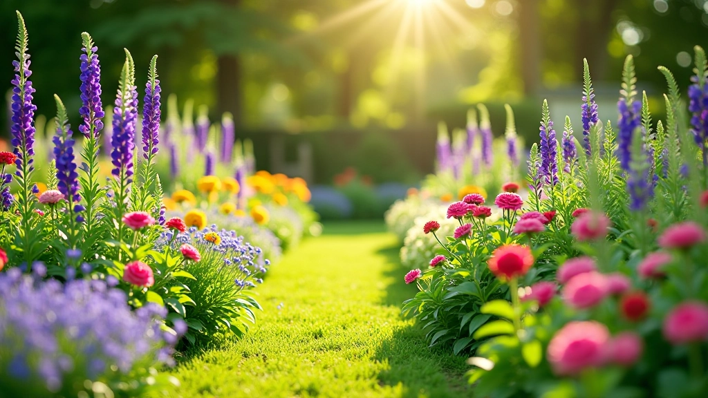 Layered cottage garden planting with tall delphiniums, mid-height roses and peonies, and low border of catmint and lavender