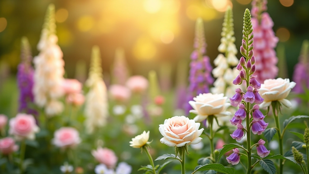 Cottage garden color palette with soft pink roses, purple delphiniums, white foxgloves, and cream-colored climbing roses on cottage wall