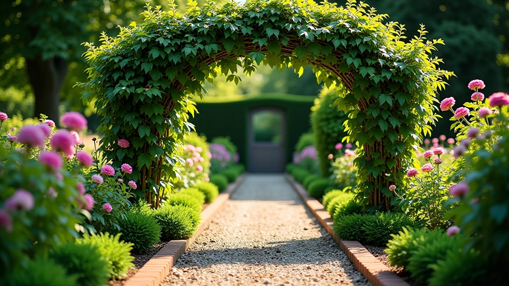 Cottage garden pathway with gravel surface, brick edging, climbing roses on wooden arch, herbaceous borders on both sides