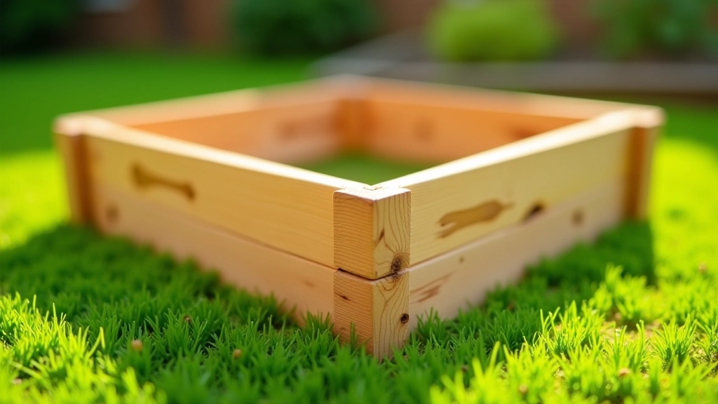 Professional photo of finished untreated wood raised bed frame with corner brackets visible, garden setting with grass around it