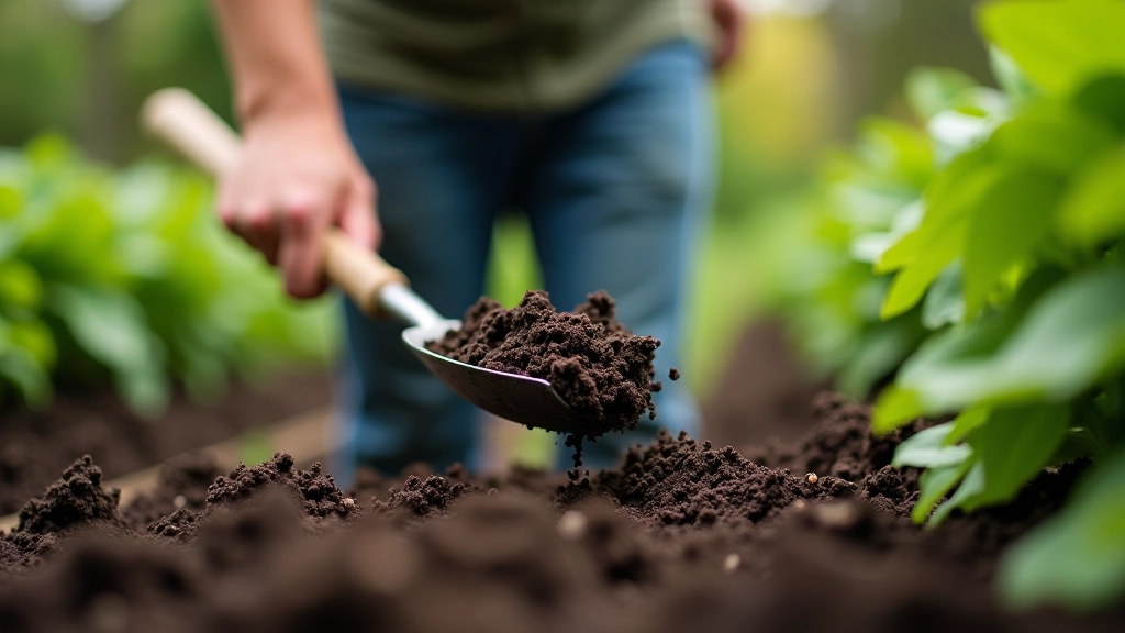 Close-up of rich dark compost soil texture with visible organic matter and healthy structure