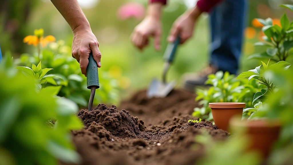 Gardener planting perennials in cottage garden border, holding spade, surrounded by plants in terracotta pots
