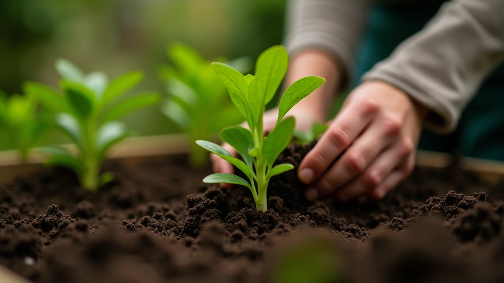 Hands planting seedlings into rich dark soil in a raised garden bed, showing proper gardening technique
