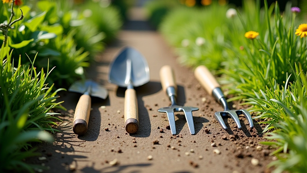 Allotment gardener with basic tools: spade, fork, hoe arranged on the ground next to organized tool storage shed
