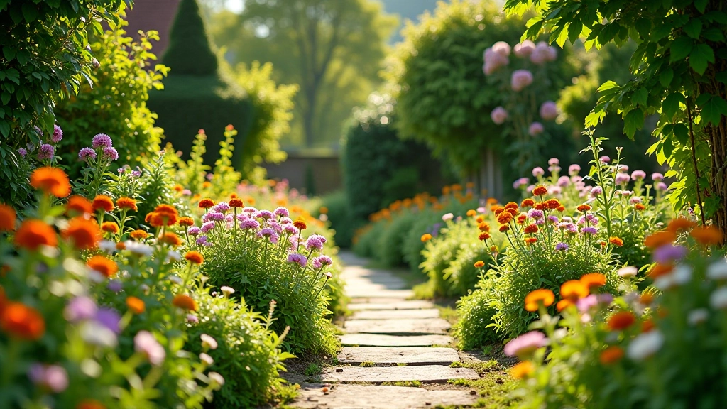 A vibrant cottage garden with colorful flower borders and traditional English garden design