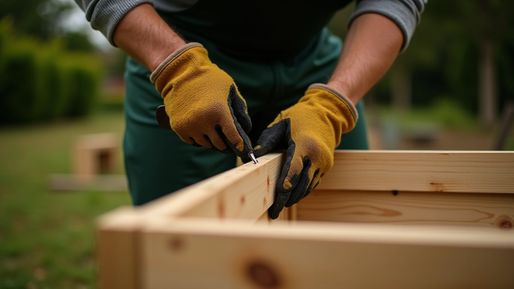 Step-by-step assembly of raised bed showing person screwing corner bracket, hands holding drill, wooden boards in progress