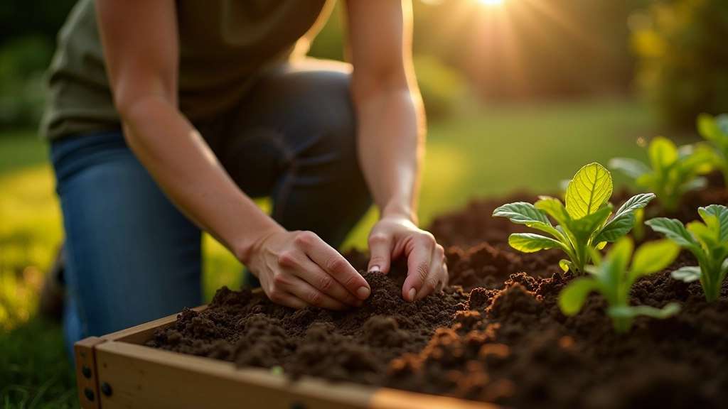 A gardener working in a raised bed garden, demonstrating hands-on gardening practice