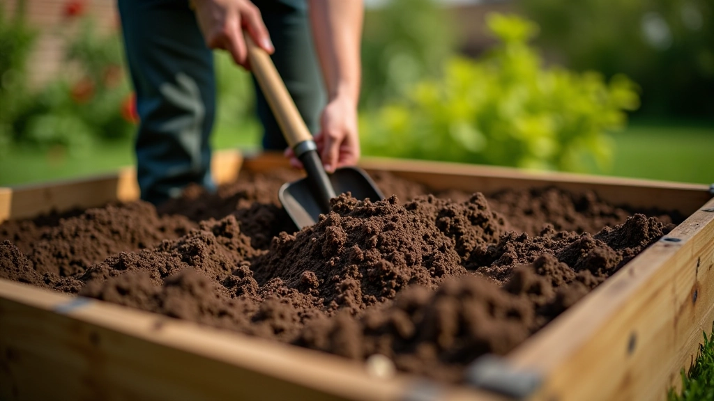 Raised bed being filled with layered soil, compost, and mulch visible, person adding soil with shovel, garden background