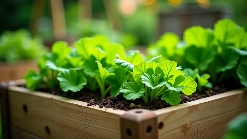 Raised garden bed with fresh vegetables and herbs in a UK garden setting, green plants growing in wooden frame