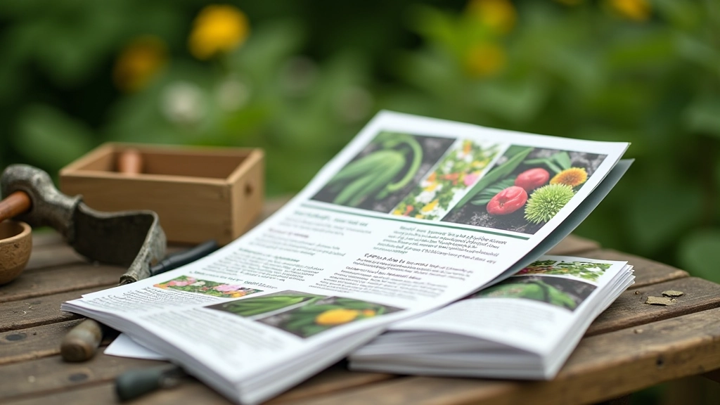RHS planting guide open on garden table with seeds and gardening tools nearby, reference materials for UK gardeners