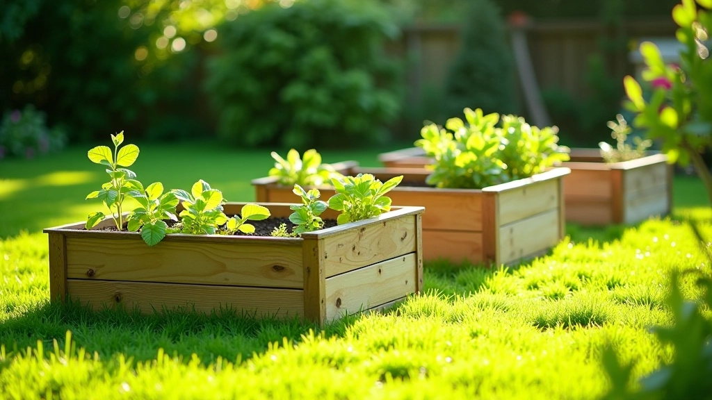 Multiple raised garden beds positioned in sunny garden location with good spacing between them, morning sunlight