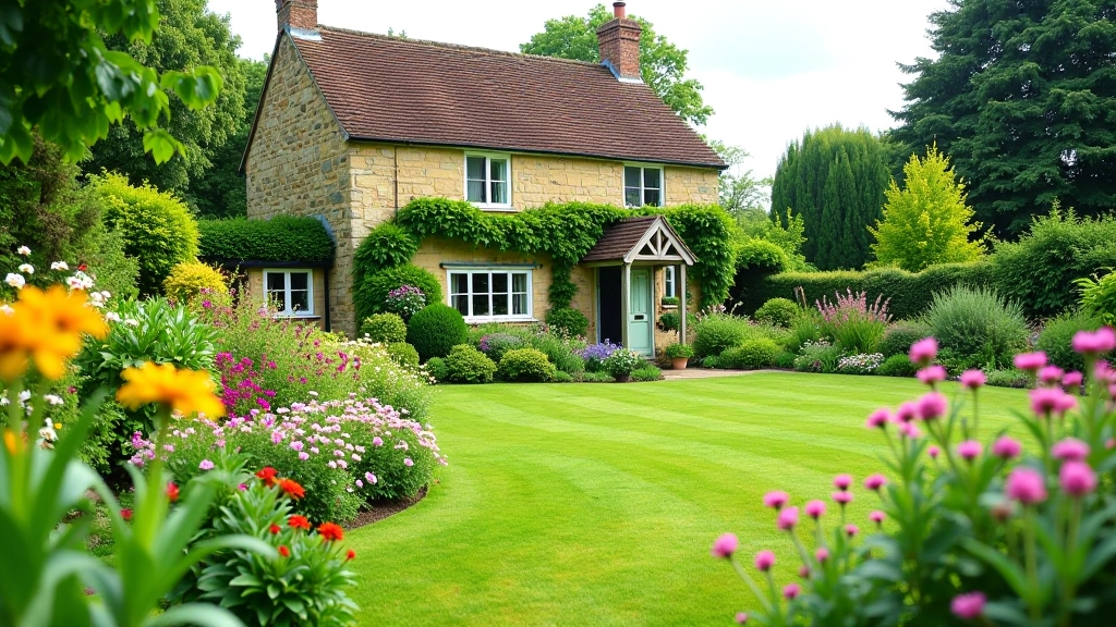 Beautiful cottage garden with mixed flowers and plants, traditional English garden style with stone cottage in background