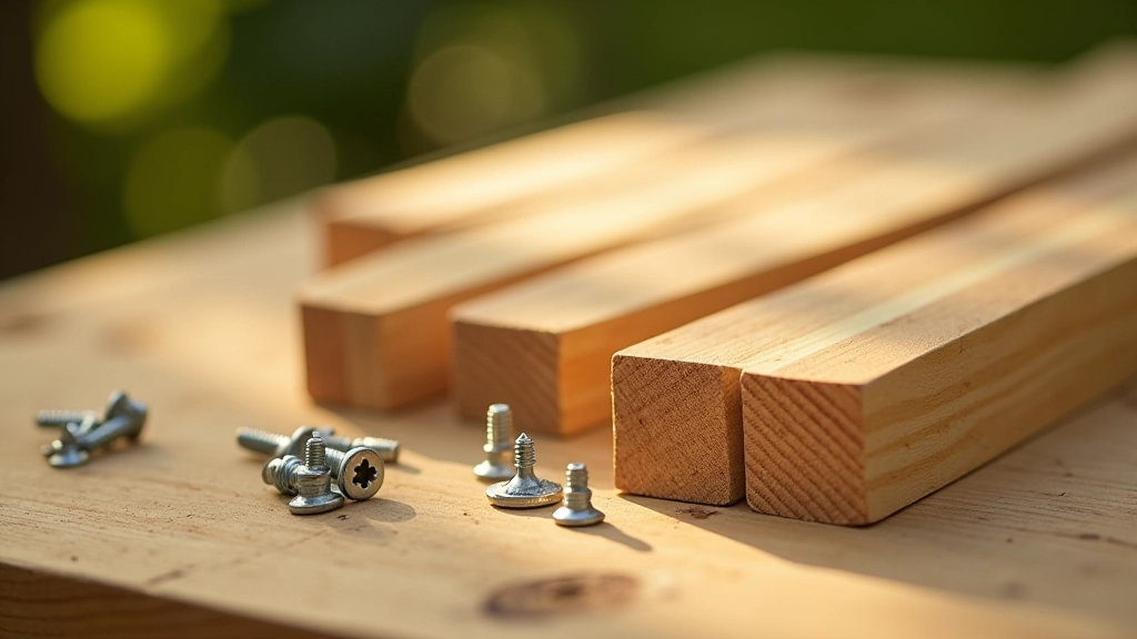 Close-up of untreated wooden boards and corner brackets for building a raised garden bed, outdoor workshop setting