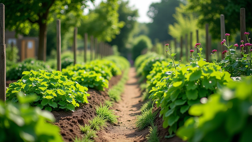 Organized allotment plot with different vegetable sections, neat rows of plants, garden paths between beds